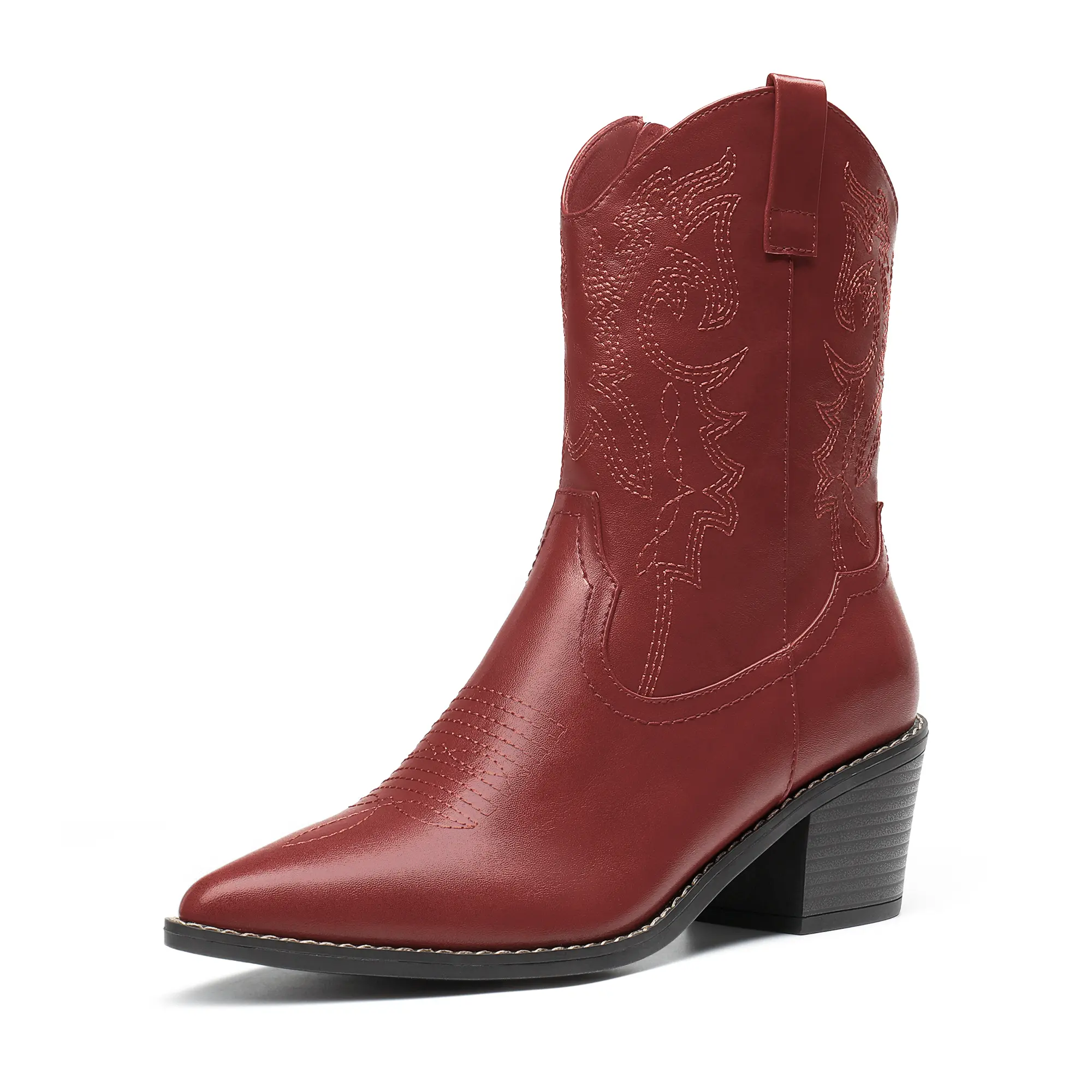 Dream Pairs Women's Western Ankle Boots - PU Leather, Memory Foam Cushion, Chunky Wedge Comfortable Heels, Lightweight TPR Sole, Pointed Toe, Wood Grain, Urban Cowboy, Party Wear, Western OOTD, Cowboy Aesthetic, Mid-Calf Statement Footwear