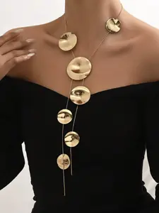 Women's Elegant Metallic Finish Metal Geometric Pendant Necklace, Long Chain Jewelry Accessory, Design, Perfect for Daily Wear & Special Occasions