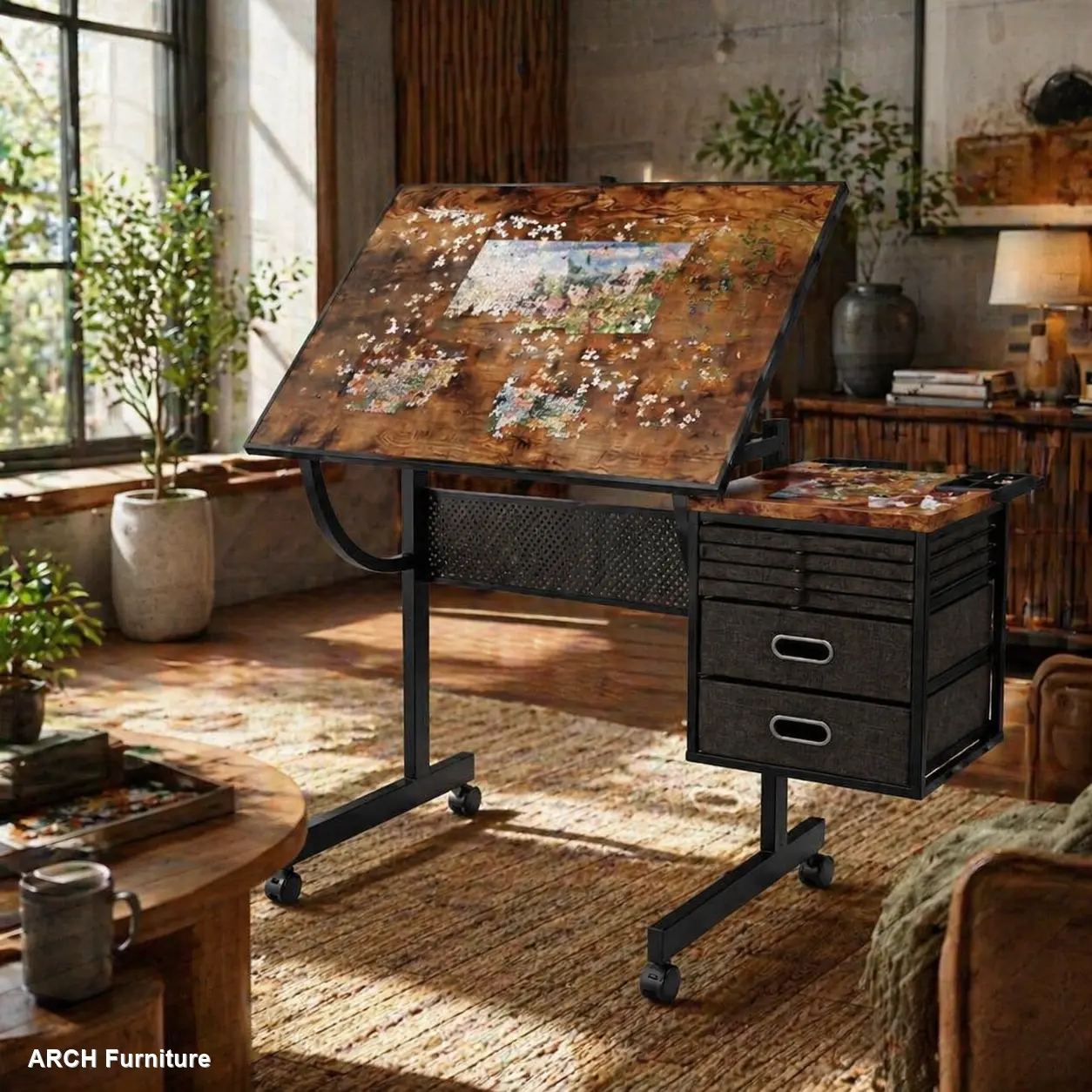 Large Size Metal Frame Jigsaw Puzzle Table for Adults - Home Office Furniture, Rolling Pain-Free Wheel-Based Drafting Table, Ergonomic Desk, 1500-Piece Capacity, Angle-Adjustable, 4-Wheel Casters, 4 Trays, 2 Storage Drawers, Black Gift Option, Rollin