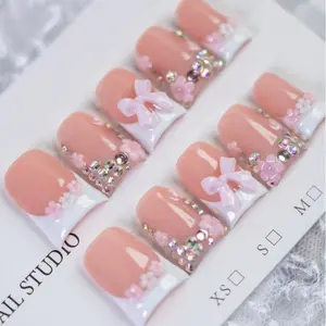 10pcs Y2K Pink and White French Press-On Nails, Handmade Floral Short Duckbill Fake Nails, Stylish Acrylic Nails, Pink Bow and Small Flower Design, Rhinestone Embellished Nail Art, Suitable for Daily, Work and Holiday Wear