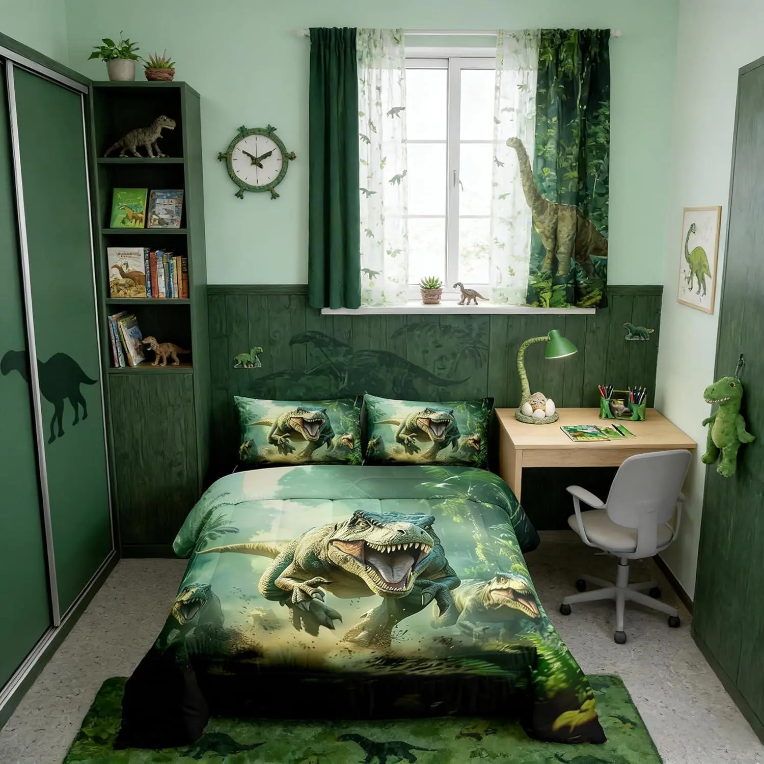 Feelyou Kids Duvet Set - Microfiber Soft Breathable All-Season Matching Bedding, Dinosaur & Animal Digital Print, Multi-Size Sets (Toddler, Twin, Full, Queen), Machine Washable Green Cartoon Boys’ Room Decor, Animals