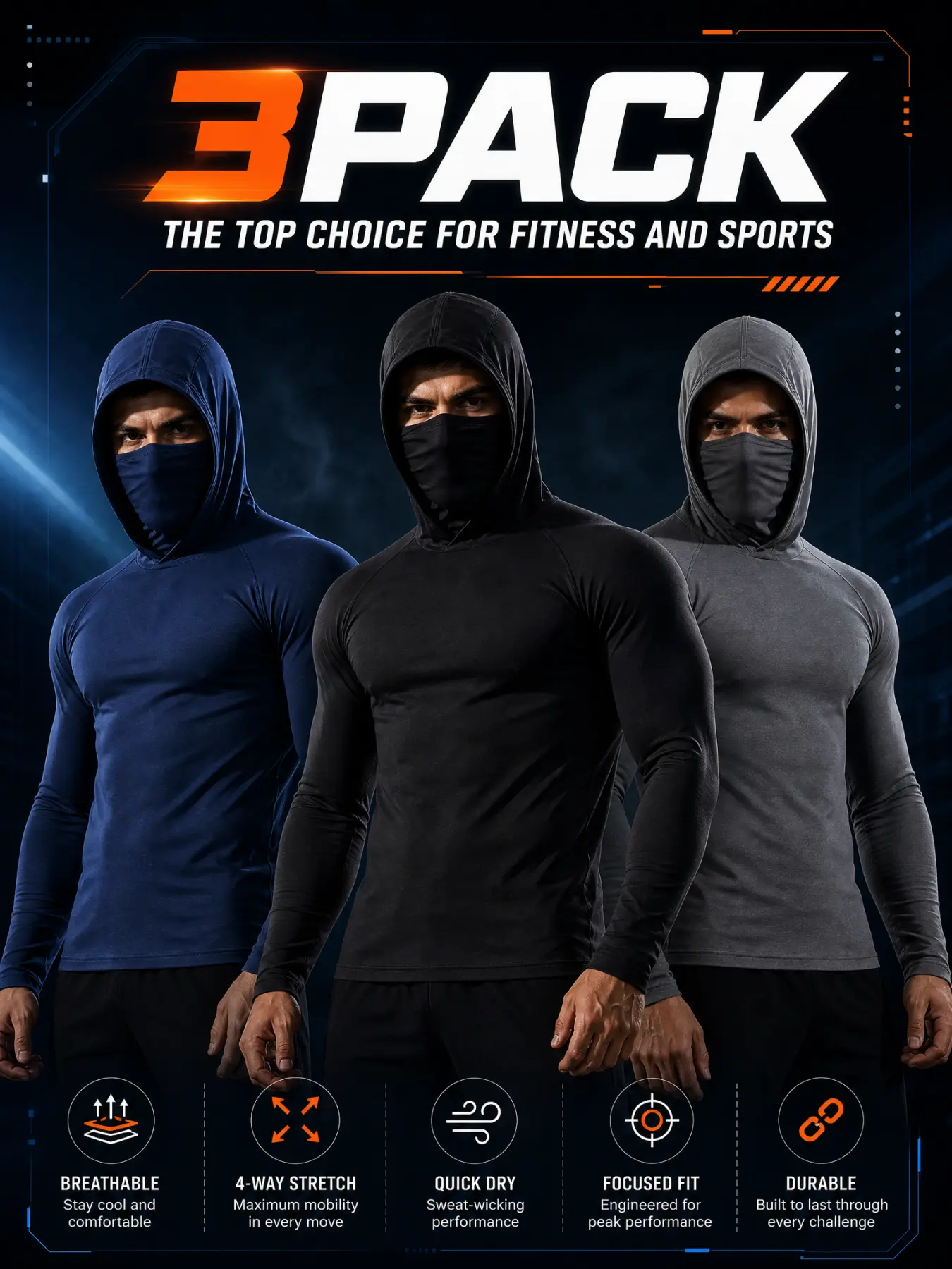 Men's 6-Pack Athletic Hoodies with Built-in Face Cover, Thermal Breathable Dry Fit Stretch Compression Activewear, Fast Drying Long Sleeve Fitness Clothes for Running, Gym Exercise