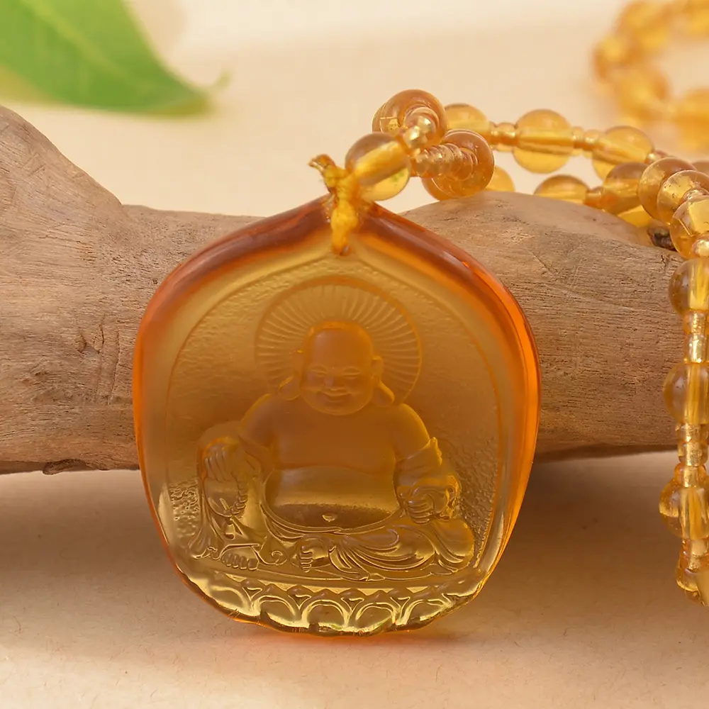 Handcrafted Liuli Glass Maitreya Buddha Face Pendant Necklace - Unisex Casual Collectible, Family-Focused Meditation Lucky Charm Auspicious Amulet