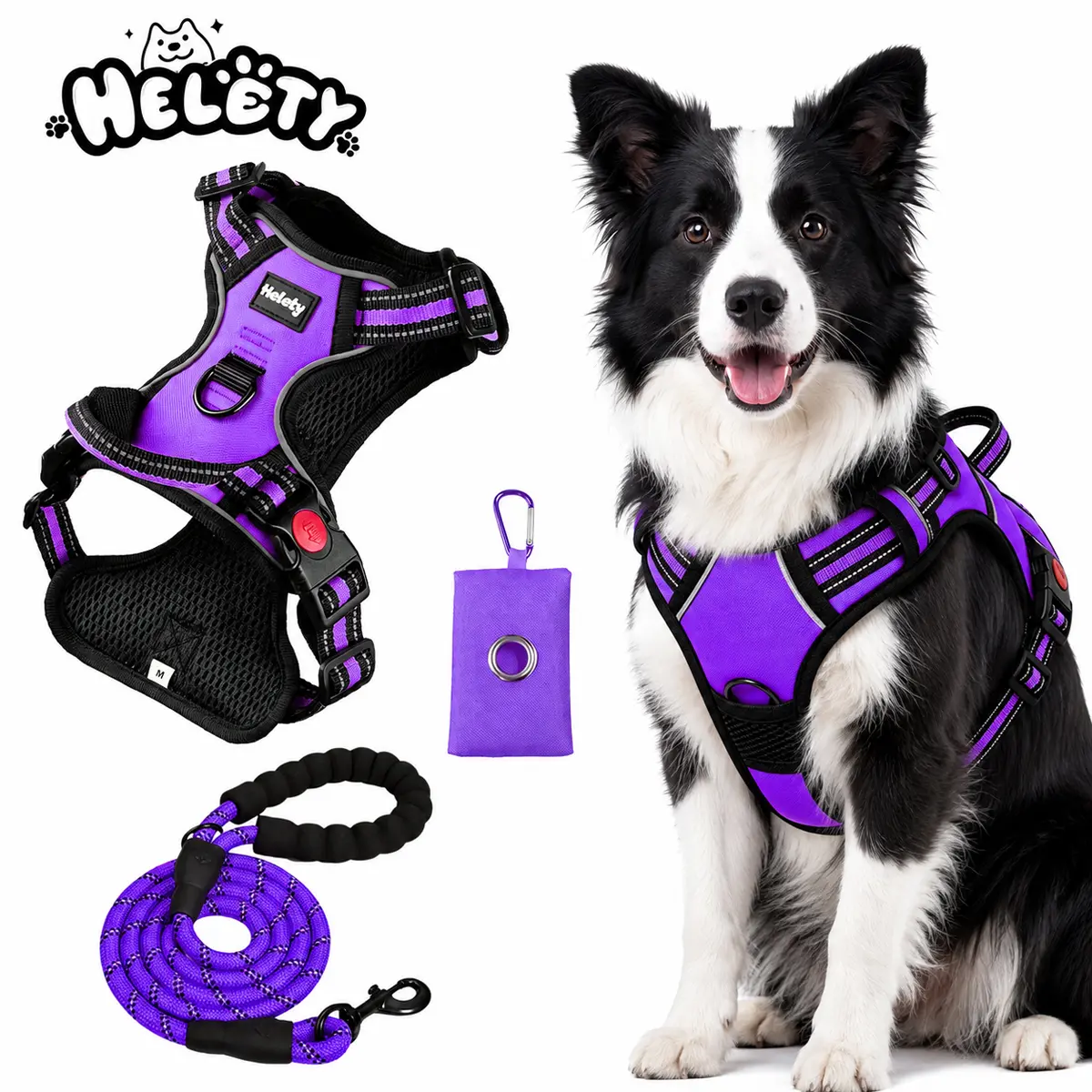 Helety Waterproof Matching Dog Collar & Leash Set - Color-Coordinated Soft Vest, 59in Lead, Poop Bag Holder, Santa Print, Reflective Leather, Customizable for Medium-Large Service Dogs (No-Tangle, Double Step Protection)