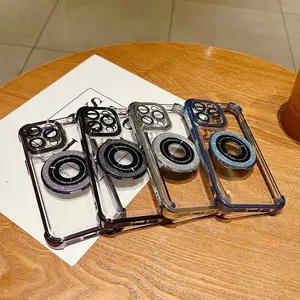 Luxury Electroplated Phone Case for iPhone 14/15 Pro/Pro Max，with Unique 360° Rotatable Diamond-Embedded Magnetic Metal Ring Stand,Air-Cushioned Corners,Electroplated,Strong Protection, Perfect Fit,Available in Black,Purple,Blue,and Silver,Elegant Design