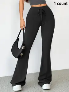 Women's Solid Tie Front High Waist Flare Leg Sports Leggings, Casual Comfy Breathable Bell Bottom Trousers for Yoga Gym Workout Running, Ladies Sportswear for All Seasons, High Waisted Leggings