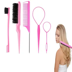 5Pcs Hair Brushes Set with 2Pcs Topsy Hair Tail Tools 1Pcs Bristle Teasing Hair Brush 1Pcs Edge Control Brush 2Pcs Metal Pin Rat Tail Combs for Woman Girl hair Styling,Edge&Back Brushing,Pink, Hair Styling Kit