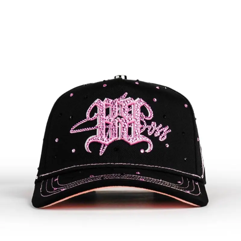Black Baseball Cap with Pink Embroidery and Rhinestones, Adjustable Fit, Ideal for Casual Wear