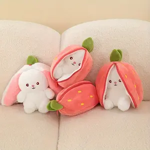 1pcs 28cm Strawberry Rabbit Transforming Plush Toy, Cute Soft Carrot Bunny Doll, No Zipper Stuffed Animal, Perfect Gift for Kids Playing
