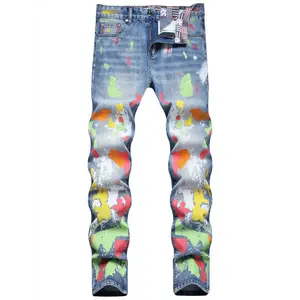 Trendy Plus Size Men's Graphic Print Denim Pants - Colorful Graffiti Pattern Jeans for Spring Fall - Comfortable and Stylish Clothing for Big and Tall Men Menswear Polyester