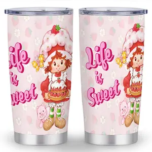 1pc Strawberry Shortcake 20oz Stainless Steel Tumbler - Double-Wall Vacuum Insulated with Leakproof Lid, Cute Character Design for Gym, Outdoor, Camping, Travel - Perfect Birthday Gift