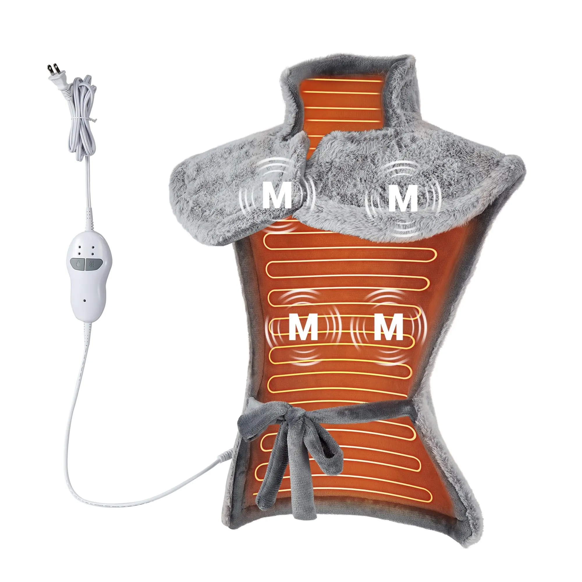 Garvee Weighted Multifunctional Heating Pad Wrap (24"x35", Grey) with Wearable Straps, Faux Fur Cover, 3 Adjustable Heating Temperature Levels, 4 Massage Settings, 4 Motors, 2-Hour Auto Shut-Off for Neck & Shoulder Pain Relief