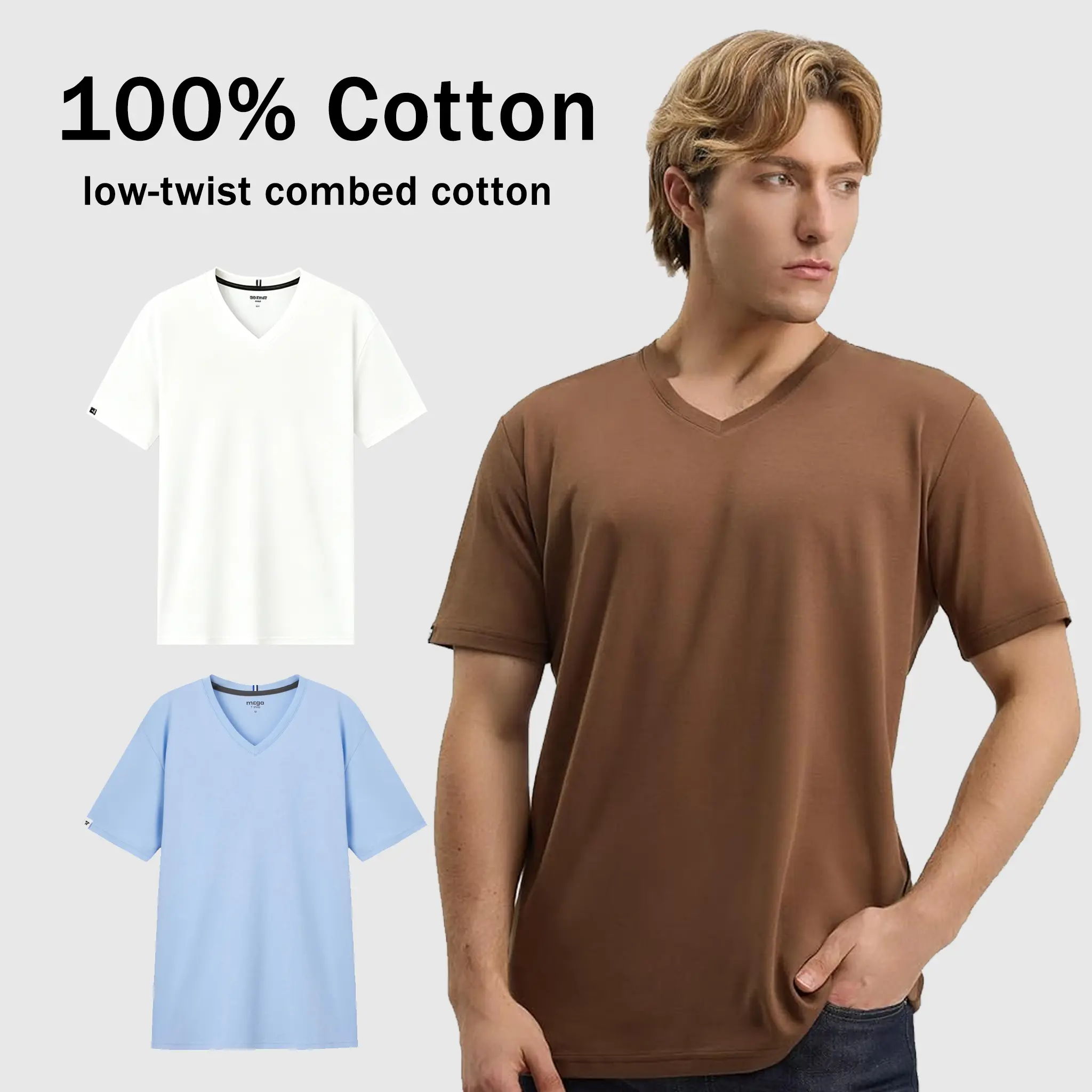 MEGA T SHOP Unisex Simple V-Neck T-Shirt, Shortsleeve Regular Fit Top in 100% Soft Combed Cotton, Breathable Midweight Fabric