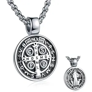 St Benedict Exorcism Medal Pendant Necklace Men's Stainless Steel Catholic Roman Patron Saint Pendant, Round Antiqued Religious Cross Protector Talisman Pendant