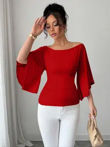 Elegant Off-Shoulder Flare Sleeve Women's Fitted Shirt, Chic Casual Simple Commuter Style, Fashion Versatile Blouse for Daily Wear Top