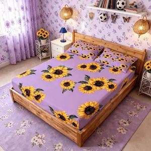 Sunflower 3pcs Fitted Sheet Set (1 Fitted Sheet + 2 Pillowcases, Without Pillow Inserts), Romantic Floral Print, Rustic Style, Breathable Deep Pocket, Soft Skin-friendly Fabric, Suitable for Teens and Adults, Great Birthday Holiday Gift