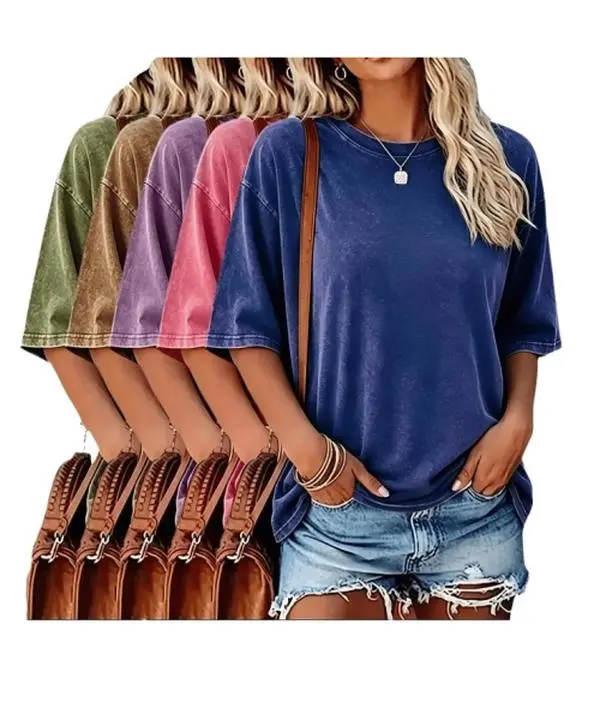 Pack of 5 women’s washed/distressed short-sleeve T-shirts, crew neck, loose vintage casual top.Washed/distressed finish, skin-friendly breathable pure cotton fabric.Versatile basic piece that can be worn solo or layered, pairs well with jeans, shorts, s