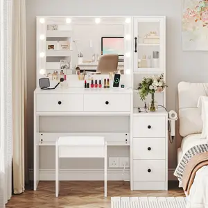 White/Black/Pink Vanity Desk with Mirror & Lights, Makeup Vanity Table Set with 5 Storage Drawers, Power Outlet & Chair, Small Dressing Table with RGB Ambient Light Adjustable Brightness for Girls Bedroom
