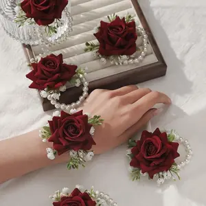 6Pcs Rose & Baby's Breath Wrist Flowers, High-End Chain Wrist Corsage for Bride Bridesmaid Mom Mother-in-Law, Elegant Wrist Flower for Wedding Anniversary Dinner Party