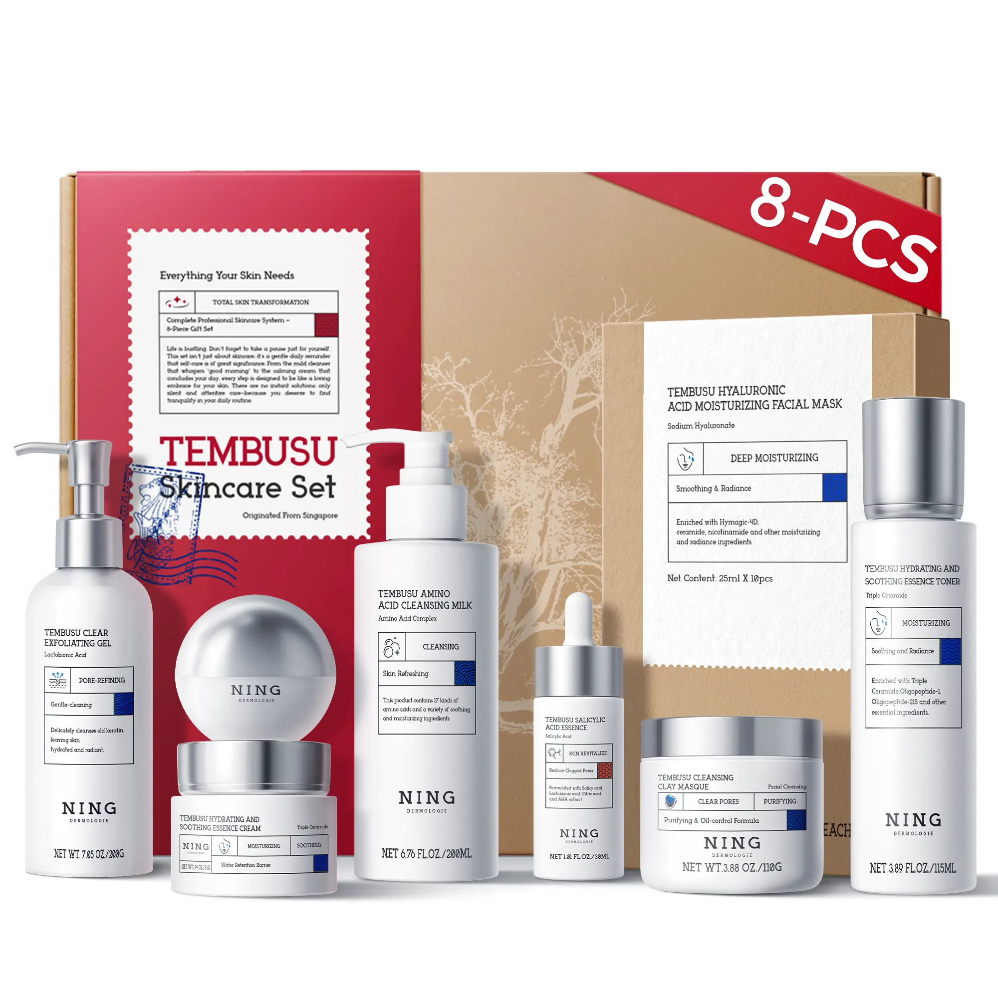 NING （6&2） Glass Skin Essential Skincare Tembusu Set |Korean Layered Skincare Method | 3-Step Cleansing + 3-Level Hydrating + 2-Step Conditioning | Deeply Penetrates, Maintains Healthy Skin Barrier Glass Skin  Brightening Clay Cleanser mothersdaygift