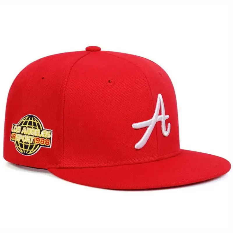 Unisex Vibrant Red Los Angeles 1988 Globe Embroidered Baseball Cap | Retro Letter A Flat Brim Snapback Hat, Trendy High Street Y2K Aesthetic Hip Hop Cap for Men Women