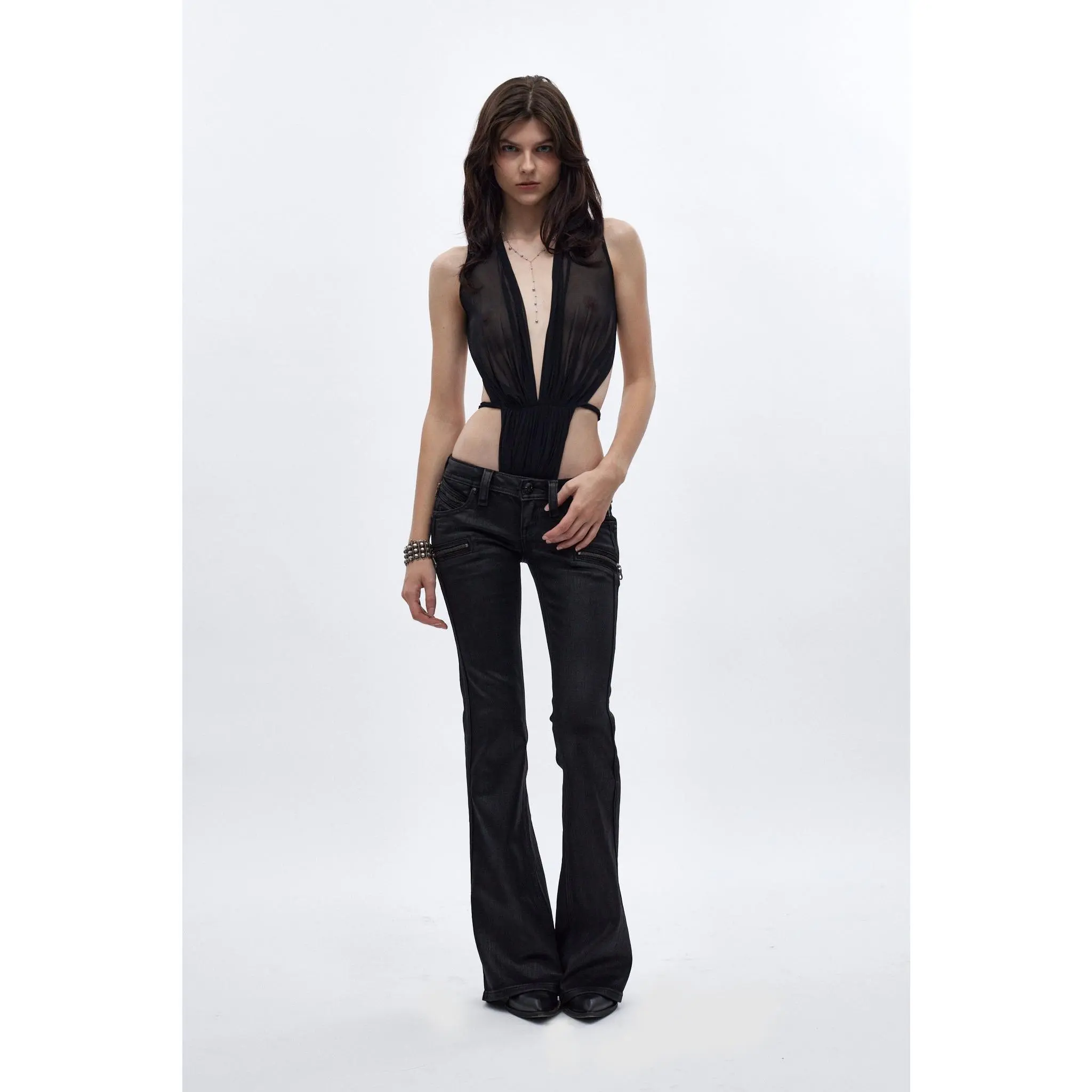 Rock Revival Women's Fitted Black Coated Denim-Leather Joplin Super Low-Rise Flare Jeans, Low Rise Jeans with Pocket, Flared Pants