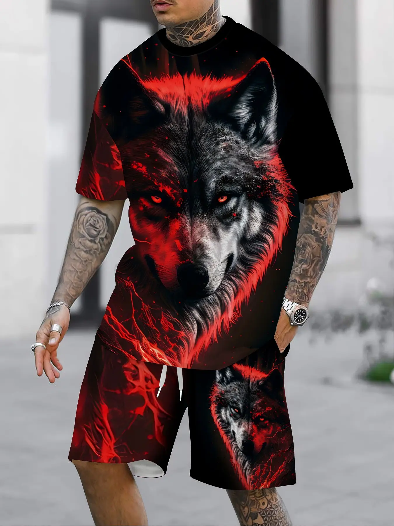 Men's Wolf Print Short Sleeve Tee and Shorts Set, Fashion Casual Loose Fit Sportswear, Men's Two-Piece