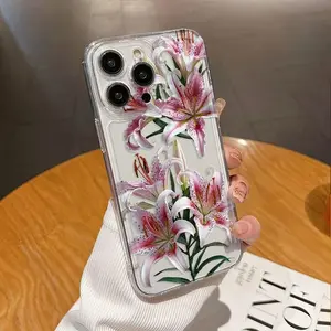 Pink and white lily flower transparent anti-fall shell suitable for iPhone16/15/14/13/12/11/8/7Galaxy S24/ S22/ S23 mobile phone shock absorption anti-fall space shell clear and bright.YW04