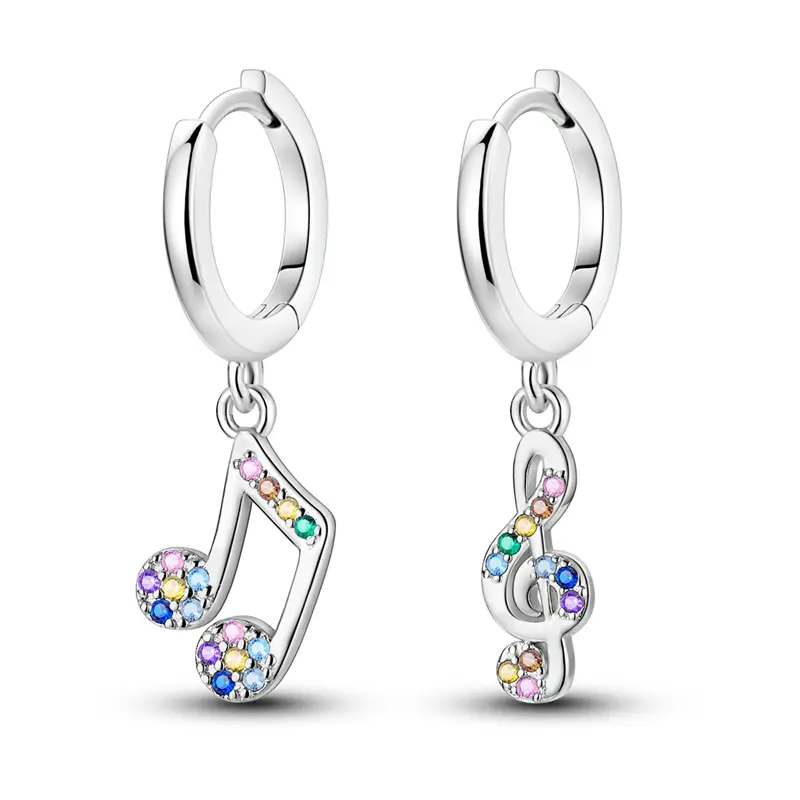 Women's 925 Sterling Silver Rainbow Music Note Hoop Earrings - Asymmetrical Design, Treble Clef & Note Charms, Rainbow Stones, Casual Daily Wear, Female Music Class/Pride Gifts, Vibrant Rainbow Stones