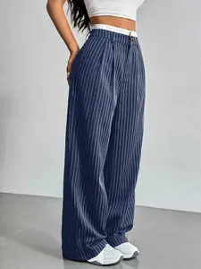 Women's Wrinkled Striped Wide Leg Pants, Casual Lounge Pant, Casual Comfortable Daily Wear, Stylish Ladies' Fashion Bottoms for Spring & Fall Seasons