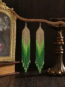 Ladies' fashionable fringed beaded unique earrings - Bohemian style, vintage, geometric gradient pattern, green color, hand-woven beaded design. Suitable for daily wear. Versatile style. Ideal gift for holidays.