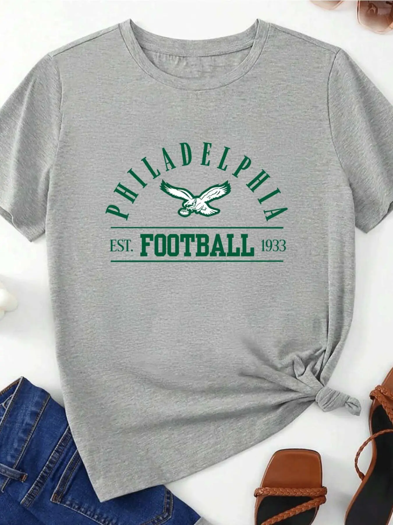 Philadelphia Eagles Football Print Women's Short Sleeve Top, Everyday Fitted Street Style, All Seasons, New 2026 Model, Regular Fit