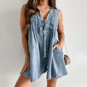 Women Summer Sleeveless Shorts Denim Jumpsuit Loose Tie Up Pleated Romper Casual Deep V Neck Outfits Tank Top Overalls Cotton Grey Pockets Womenswear Polyester Sky(Raincoats)