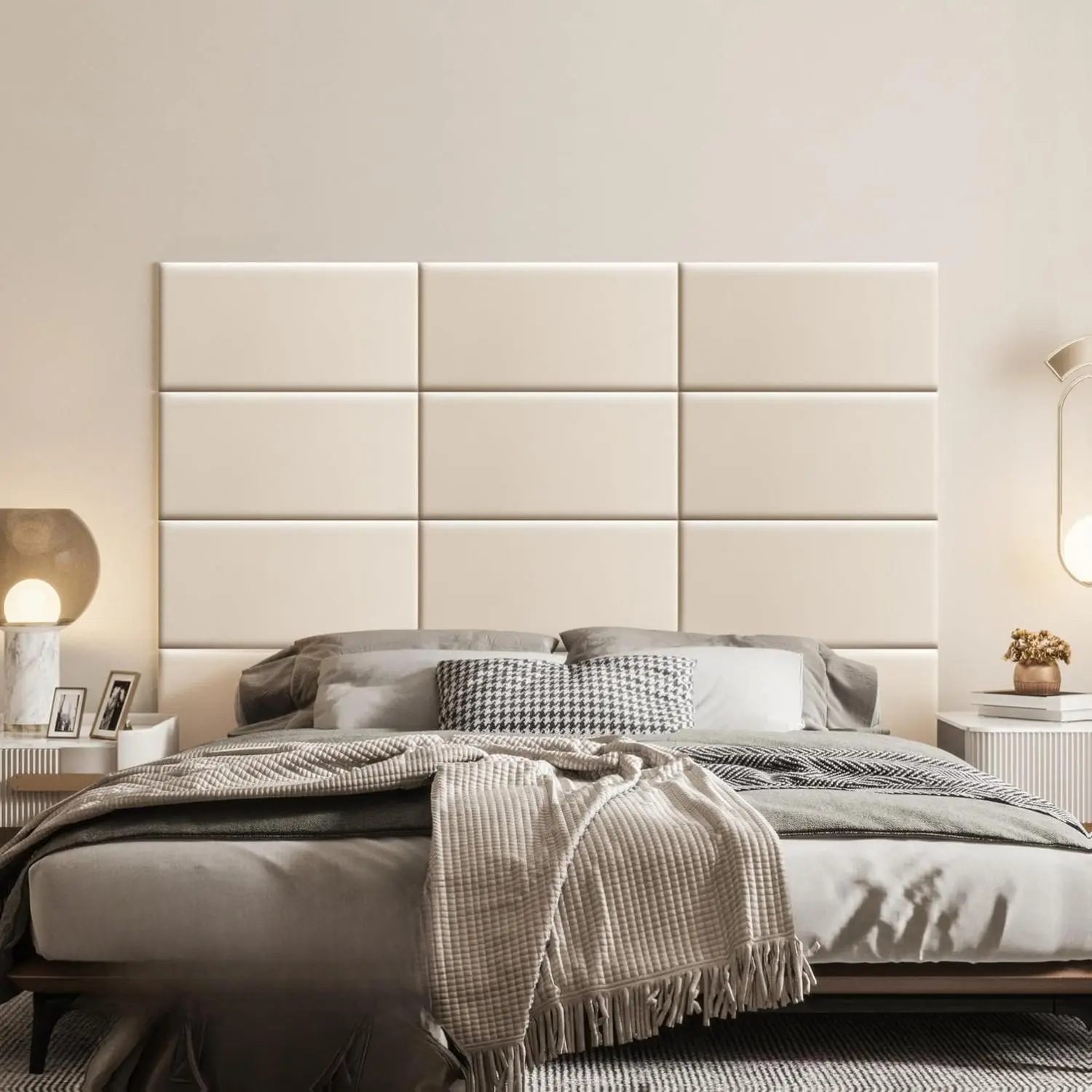 12-Pack Rectangular PU Leather Peel-and-Stick Upholstered Headboard Panels (23.6"x11.8") - Modern Mould-Proof Soft Sponge Pad, Self-Adhesive Renters-Friendly Anti-Collision Soundproof Durable Waterproof Bed/Sofa Wall Pad for Bedroom Decor