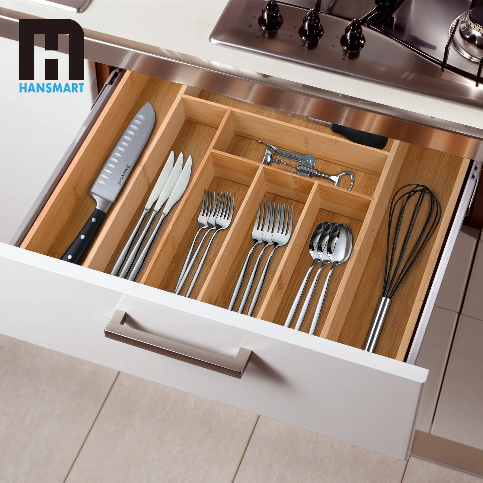 Jumbo Expandable Bamboo Rectangle Drawer Organizer - Adjustable 6-8 Slot Cutlery Tray, Kitchen Accessories, Bathroom Vanity & Makeup Organization Tool