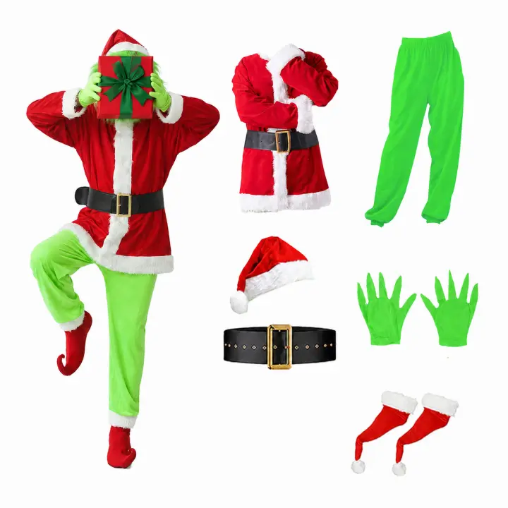 AYJK7 7pcs Christmas Big Monster Santa Suit for Adult Green Deluxe Santa Costume With Mask
