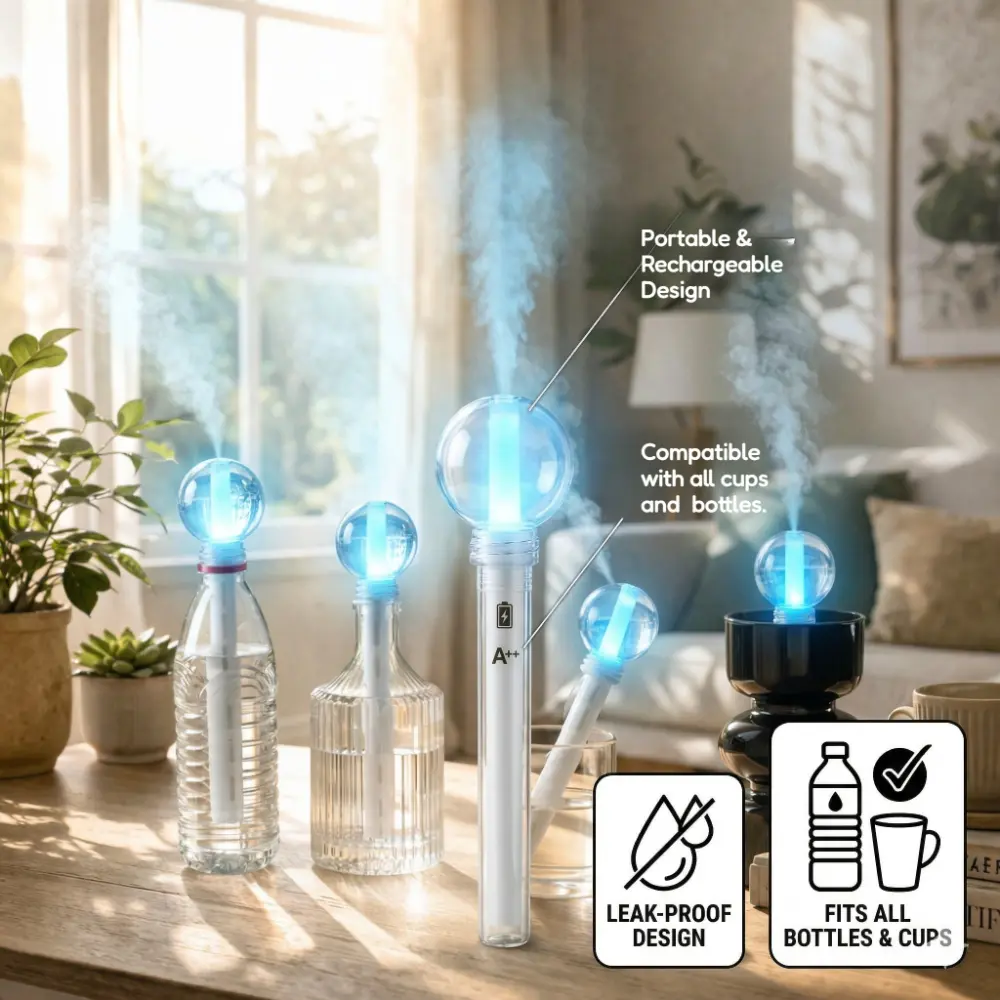 Portable Mini Humidifier Stick - Rechargeable Cordless Wand, Silicone Secure Seal Leak-Proof, Universal Fit for 99% of Bottles/Cups, Auto Shut-Off, Quiet Operation, Travel-Ready for Home Improvement Heating Cooling Ventilation, Compact, Fits 99% Of Bottle