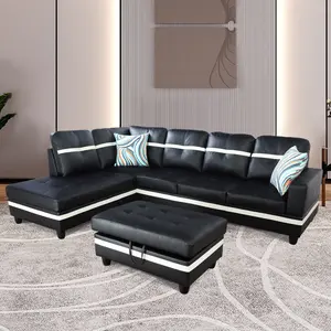 Black And White Semi PU Leather 3-Piece Sofa Set, Modern Living Room Furniture, Soft Cushions, Sturdy Frame, Easy Clean Faux Leather, Loveseat & Chair Combo for Home Apartment Office