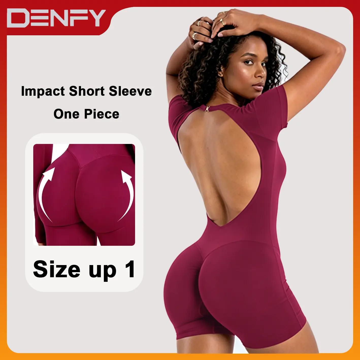 [SIZE UP 1] DENFY Impact Short Sleeve One Piece Women Soft Padded Bralette Tummy Control Butt Lifting Gym Workout Yoga One Piece Activewear [STRONG COMPRESSED]