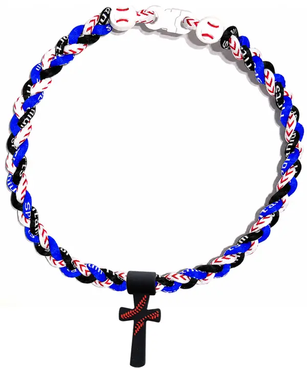 Tornado 3 Rope Necklace Baseball Stitch Clasp Royal Blue White Black + Black Cross