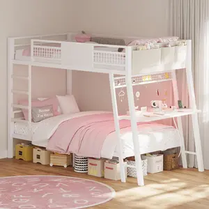 HAUOMS Bunk Bed for Small Space, Twin Over Twin Bunk Beds with Desk, Power Outlets, RGB LED Lights, Storage, Metal Beds with Safety Guardrail & Ladders