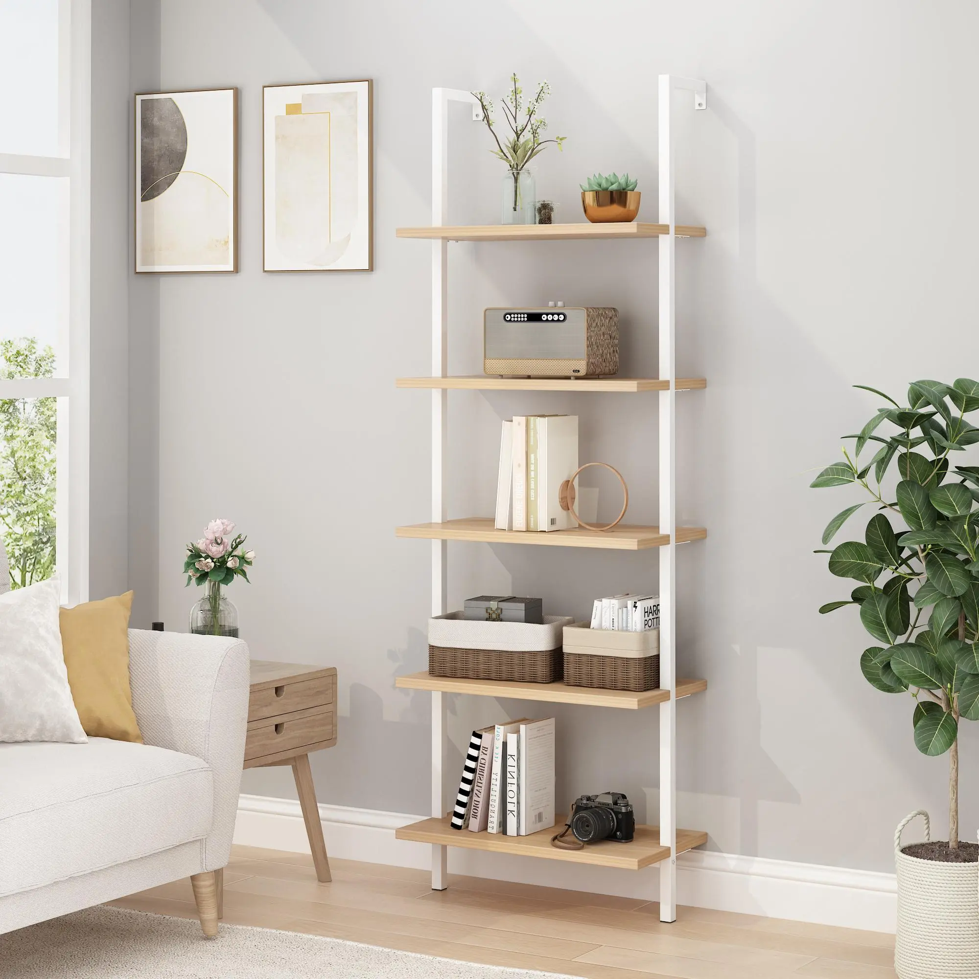 Karlhome 5-Shelf Wood Ladder Bookcase with Metal Frame, Open Design Shelves for Living Room, Office
