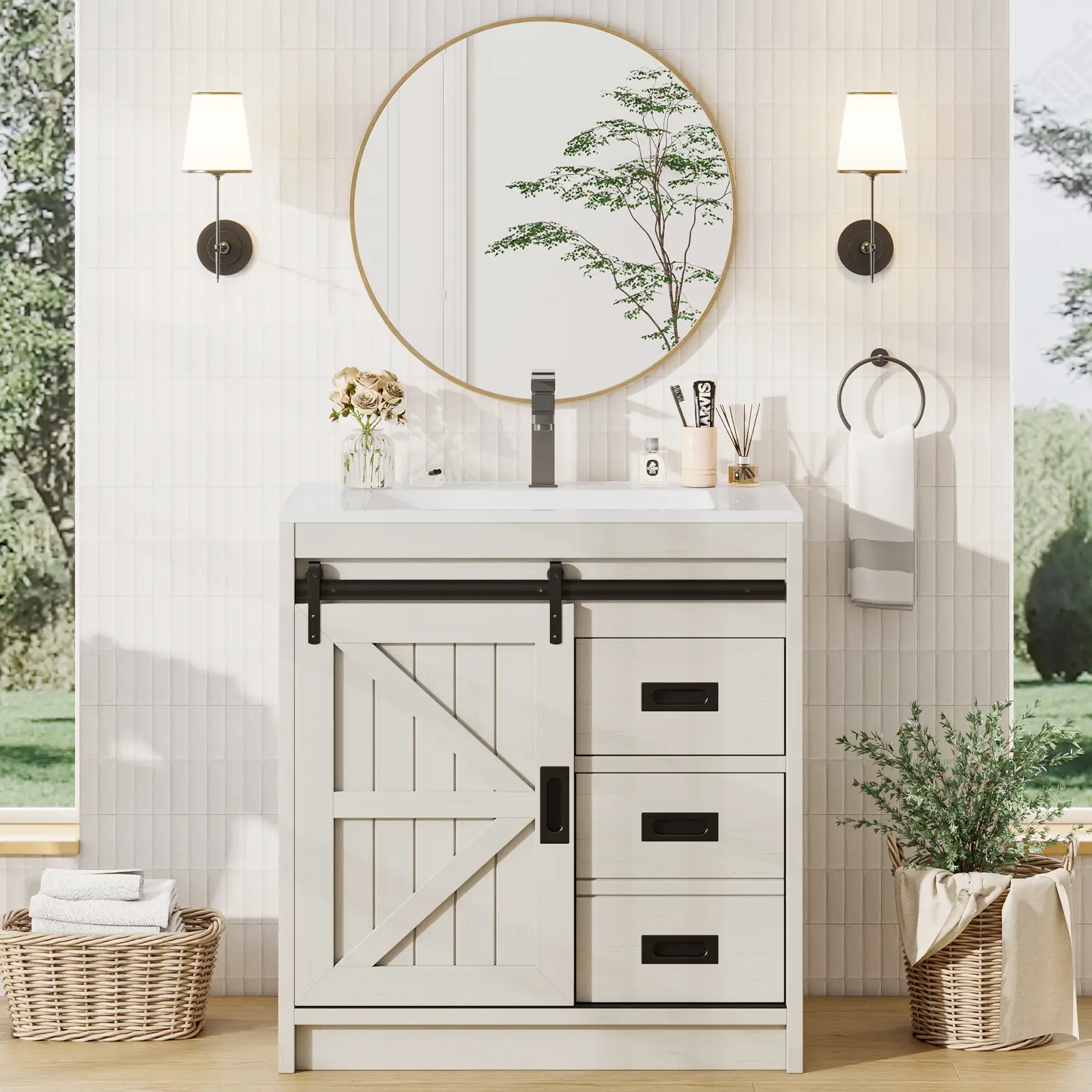 [SummerSale] AMERLIFE 31" Sliding Barn Door Bathroom Vanity with Sink, Farmhouse Small Single Bath Vanity/Best Gift Ideas/Christmas Gifts