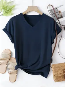 Women's V-Neck Solid Color Short Sleeve Basic Minimalist T-Shirt, Casual Fitted Top, Soft Comfortable Fabric, Summer All Seasons Wear