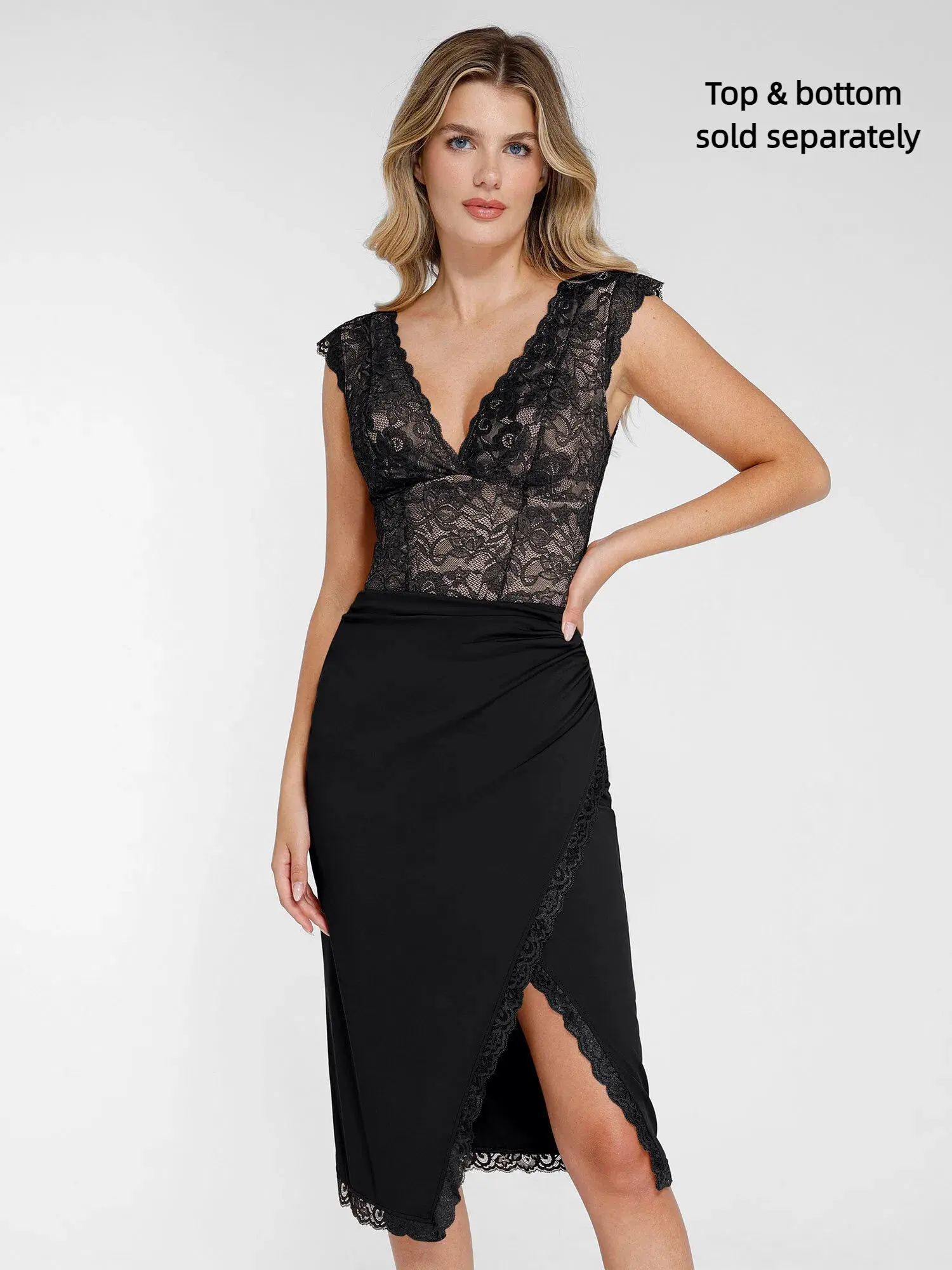 Popilush Lace Built-in Shapewear Set Deep V-Neck Bodysuit Detachable Skirt Tummy Control Adjustable Womenswear Vneck Elegant-Creator Live