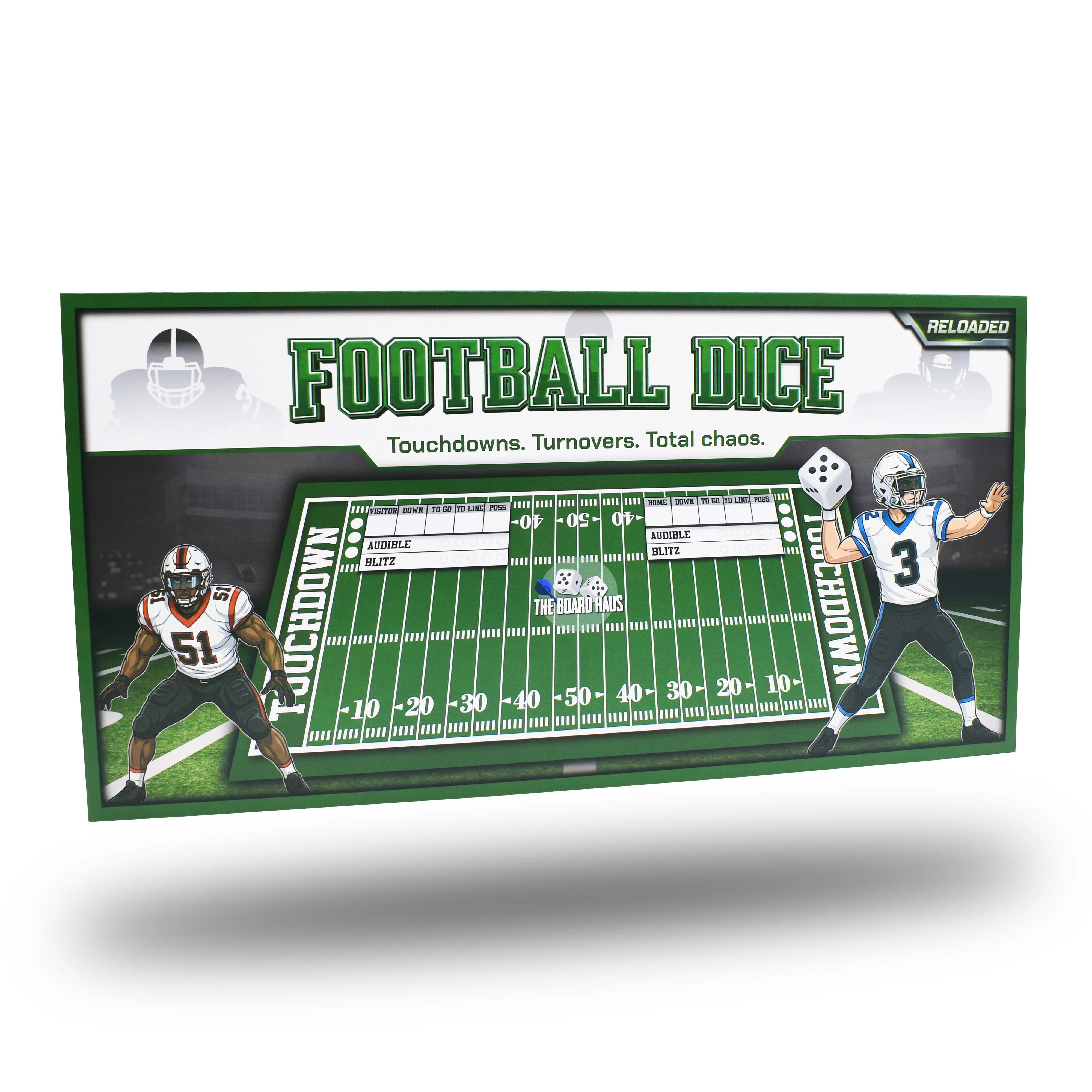 The Board Haus Football Dice Board Game with Detailed Stats Chart for Up to 6 Players Includes Board, 3 Dice, Football Marker, First Down Marker, Dry Erase Marker, and Instructions