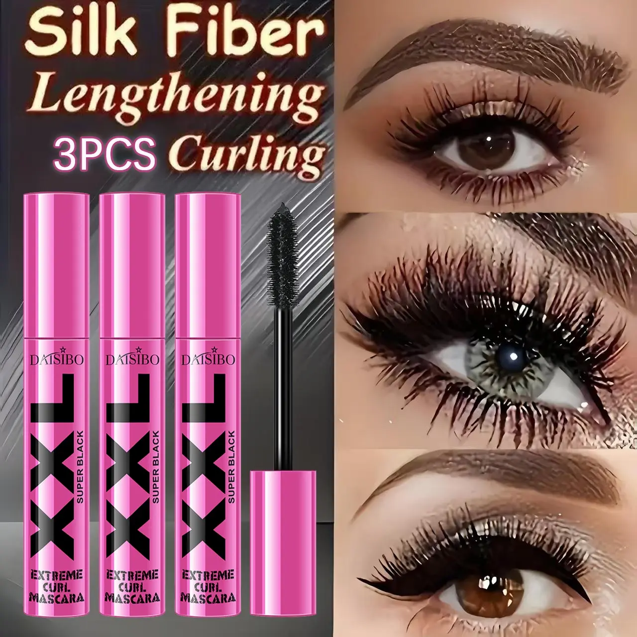 3-Pack Xxl Fluffy Lashes Mascara - Lengthening Voluminous Mascara, Extreme Length & Volume, Waterproof Long-Lasting 36 Hours, Smudgeproof Natural All-Day Wear Makeup Mascara