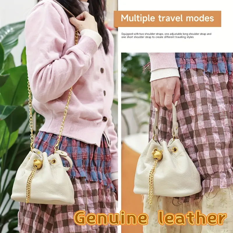 Women's Soft Genuine Leather Minimalist Bucket Bag - Drawstring Closure, Convertible Crossbody Strap Messenger Purse