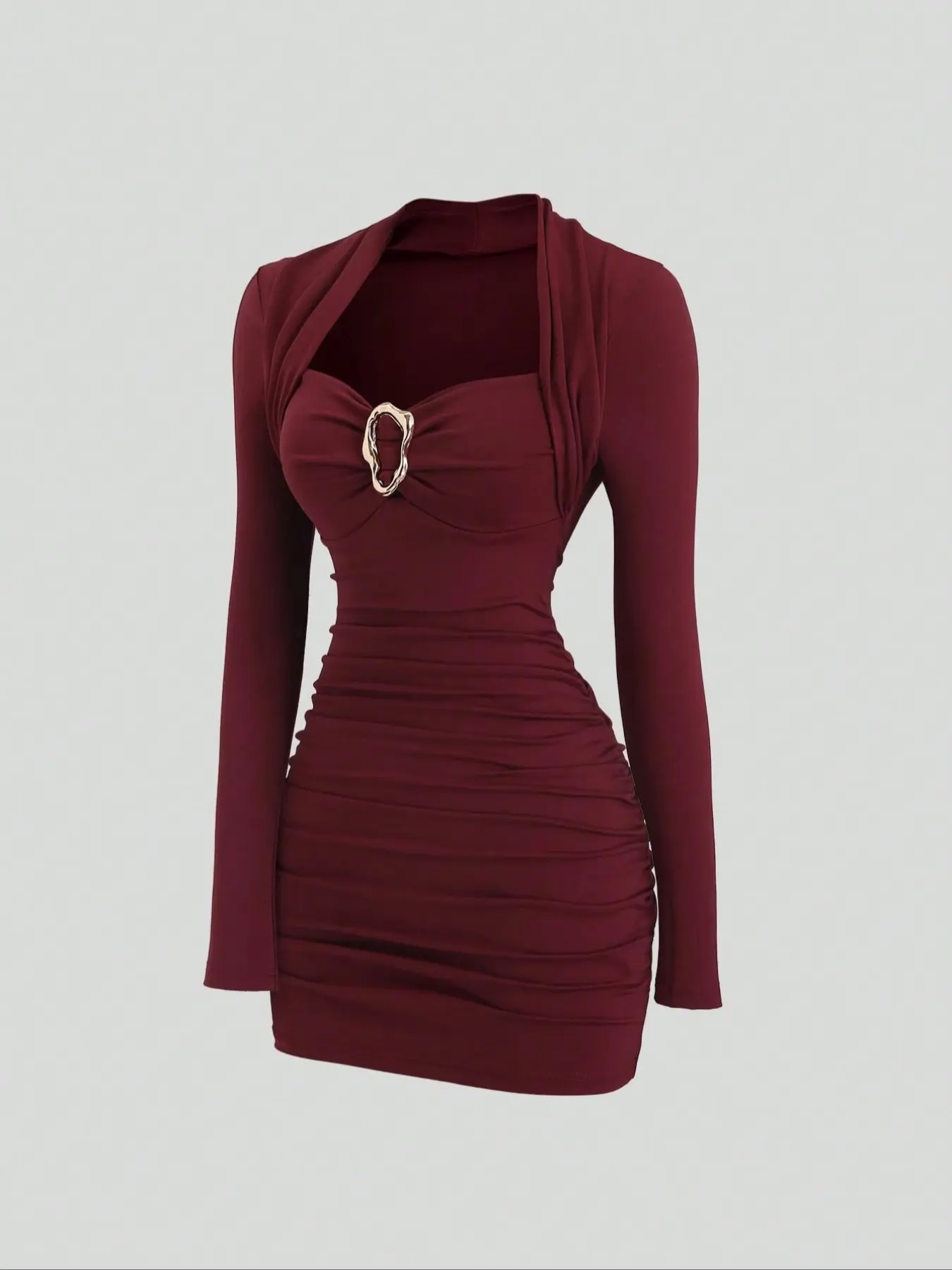 Elegant Party Slim Fit Cocktail Dress for Fall & Winter, Wine Red Color, Metal Decorations, Perfect for Christmas and Formal Occasions, Formal Wear, Elegance