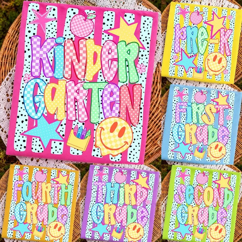 Comfort Colors Striped Neon Back To School Smiley Bundle Heritage Graphic Tee, Aesthetic Striped Summer School Spirit Shirt, Radiant Pre-K First Second Grade Top, Thoughtful Colorful Grade Gift Boutique Heritage Apparel Teacher